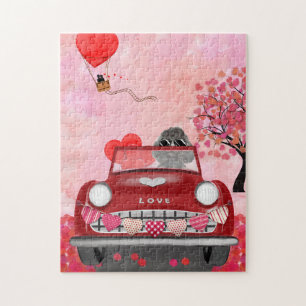 Puzzle Voiture de chien caniche avec coeurs de la Saint-V