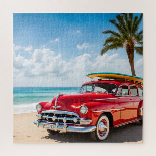 Puzzle Voiture vintage à la plage avec planche de surf