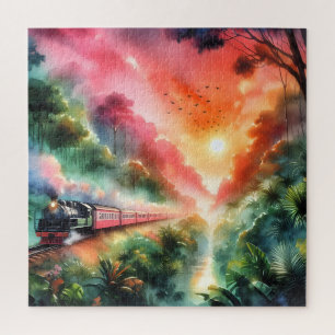 Puzzle Voyage en train au coucher de soleil tropical aqua