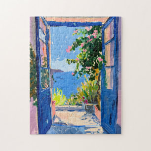 Puzzle Vue de la mer Méditerranée avec bougainvillée
