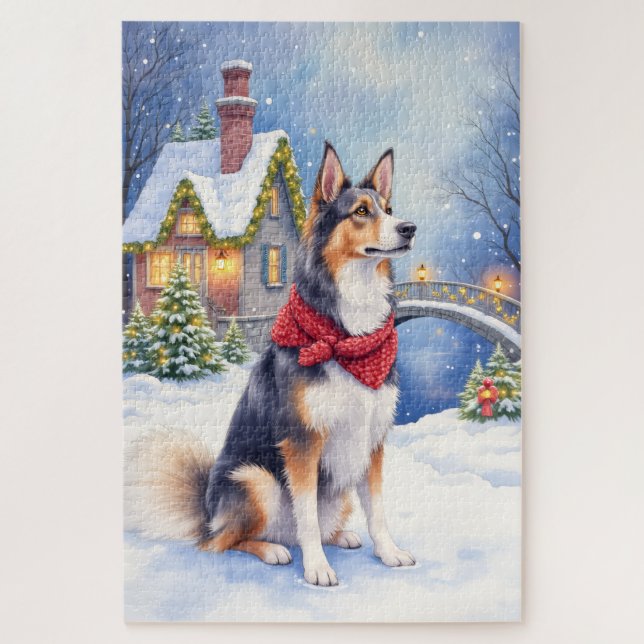 Puzzle Watercolor Belgian Sheepdog Winter Christmas (Vertical)