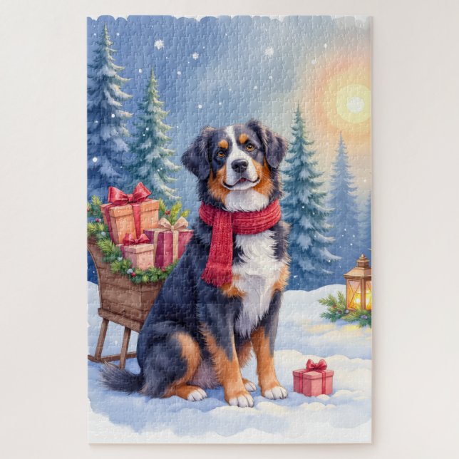 Puzzle Watercolor Bernese Mountain Dog Sleigh Christmas (Vertical)
