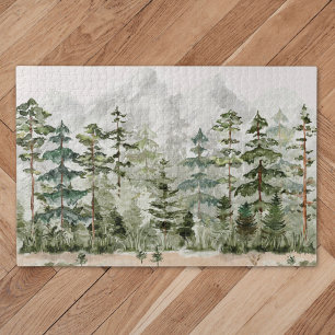Puzzle Watercolor Green Pine Forest sur la montagne