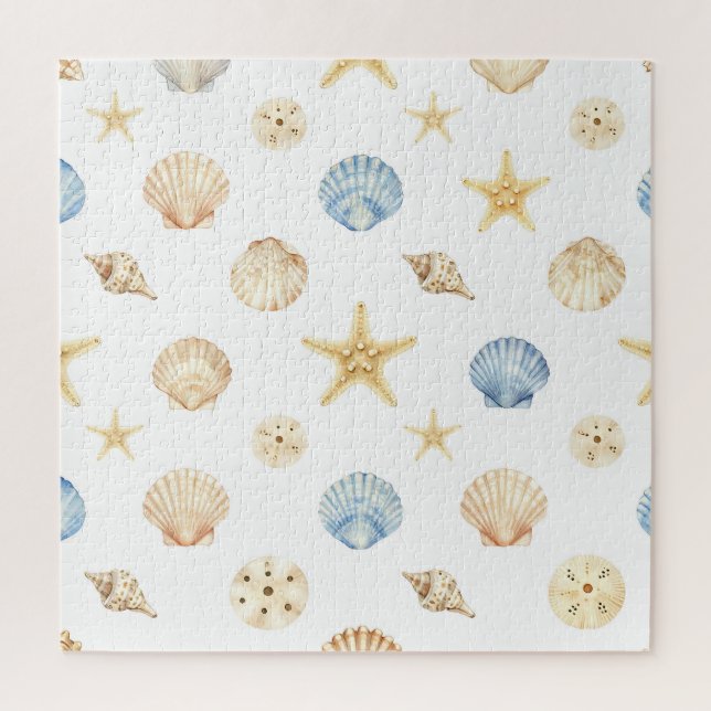 Puzzle Watercolor Seashells Starfish Coastal Pattern (Vertical)
