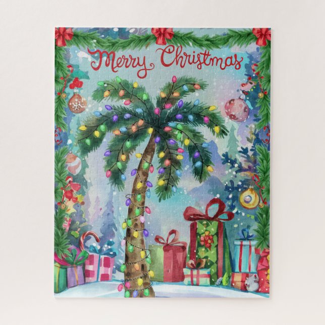Puzzle Watercolor Tropical Palm Tree Christmas (Vertical)