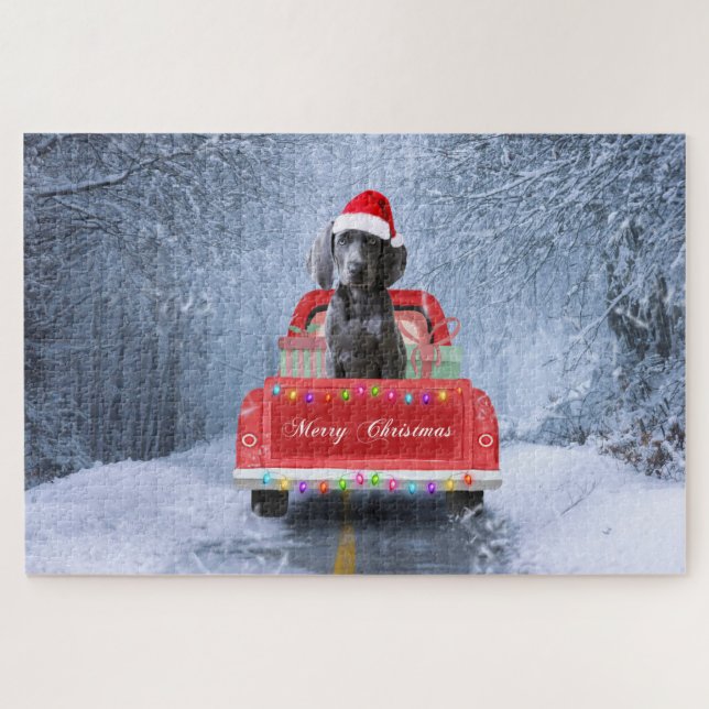Puzzle Weimaraner Chien en neige assis sur le camion de N (Horizontal)