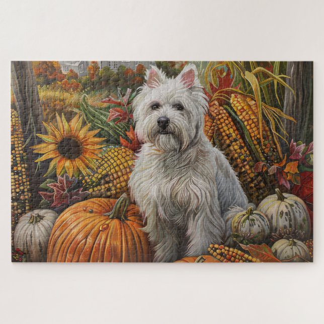 Puzzle West Highland White Terrier Automne Thankgiving (Horizontal)