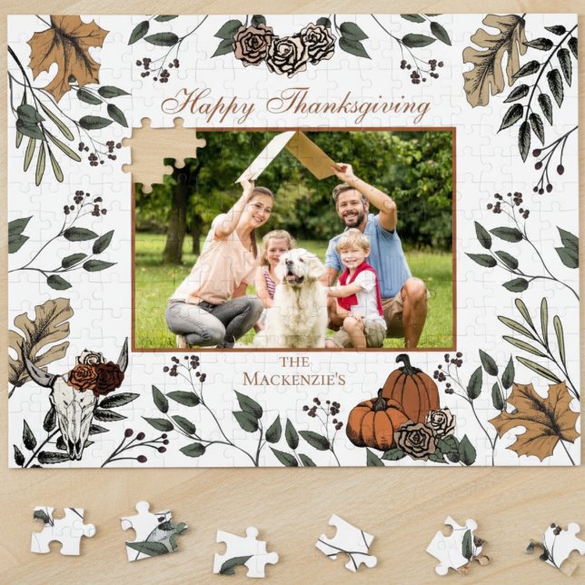 Puzzle Western Thanksgiving Fall Harvest Photo de la fami (Country Western Fall Floral Cow Skull Thanksgiving Family Photo Puzzle. Autumn Leaves Pumpkins Roses)