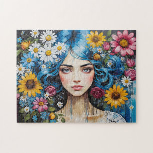 Puzzle Whimsical Blue cheveux fille avec des fleurs Déche