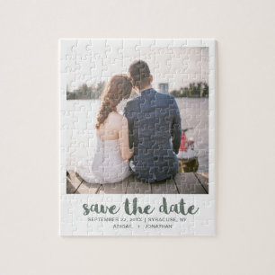Puzzle Whimsical Brush Script Photo Save the Date Green