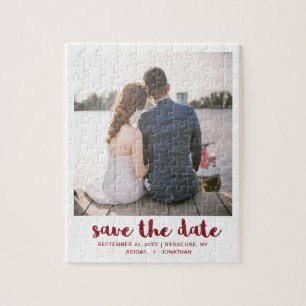 Puzzle Whimsical Brush Script Photo Save the Date Red