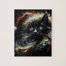Whimsical Long Cheveux Chat noir Père Noël Casquet