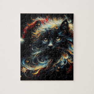 Puzzle Whimsical Long Cheveux Chat noir Père Noël Casquet