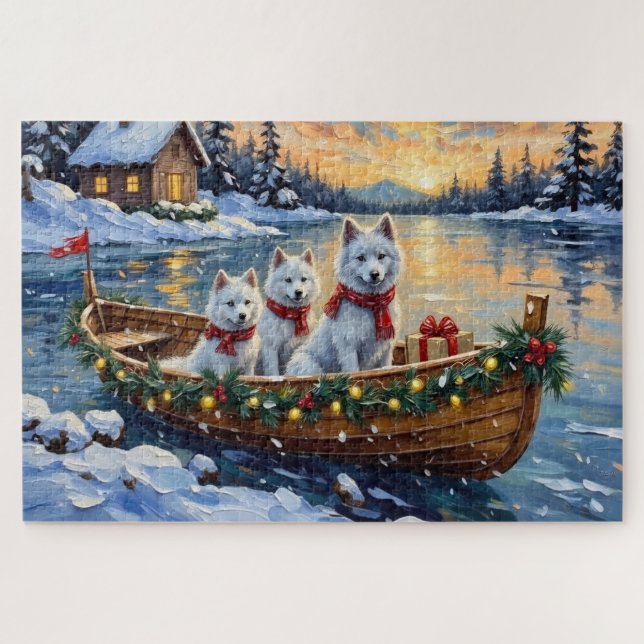 Puzzle White Samoyed Christmas Boat Holiday (Horizontal)