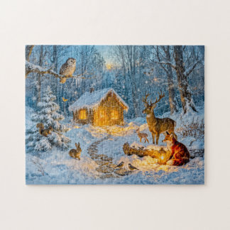 Puzzle Winter Forest Cottage with Deer, Fox and Owl – Fan