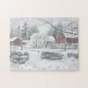 Puzzle Winter Snow Red Barn Farm House