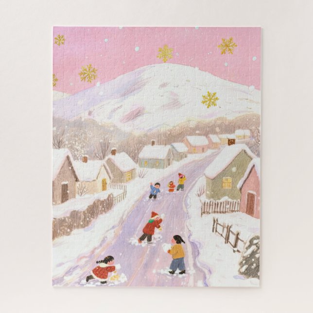 Puzzle Winter snowy village, children playing, pink hues (Vertical)