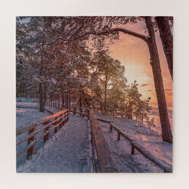 Puzzle Winter sunset in pine forest near sea (Horizontal)