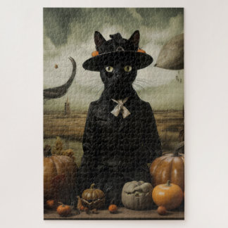 Puzzle Witch Cat with Pumpkins