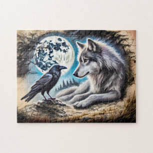Puzzle Wolf and Raven on Rock at Full Moon