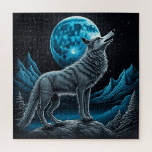 Puzzle Wolf debout devant la Pleine lune Art AI
