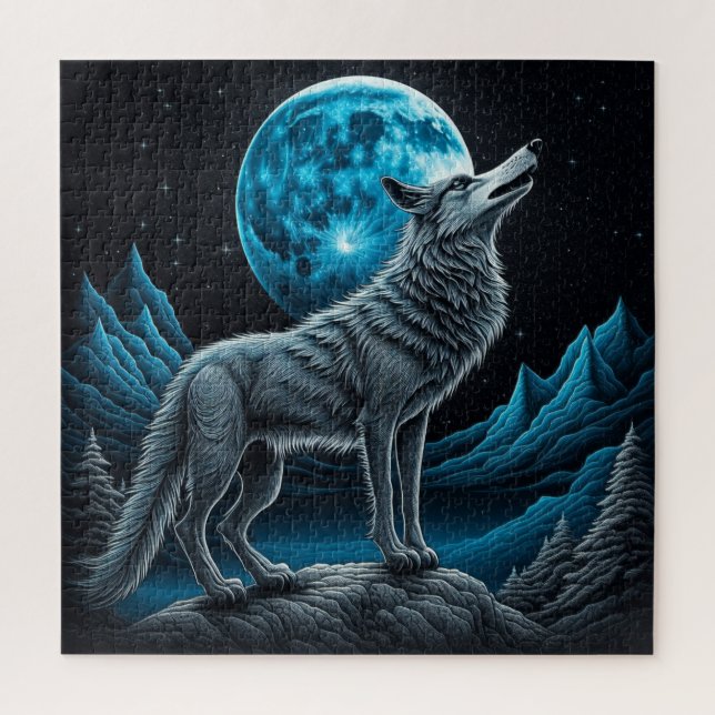 Puzzle Wolf debout devant la Pleine lune | Art AI (Vertical)