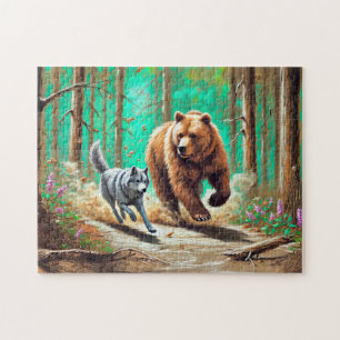 Puzzle Wolf et ours Chase Pastel Chalk Forest Scène