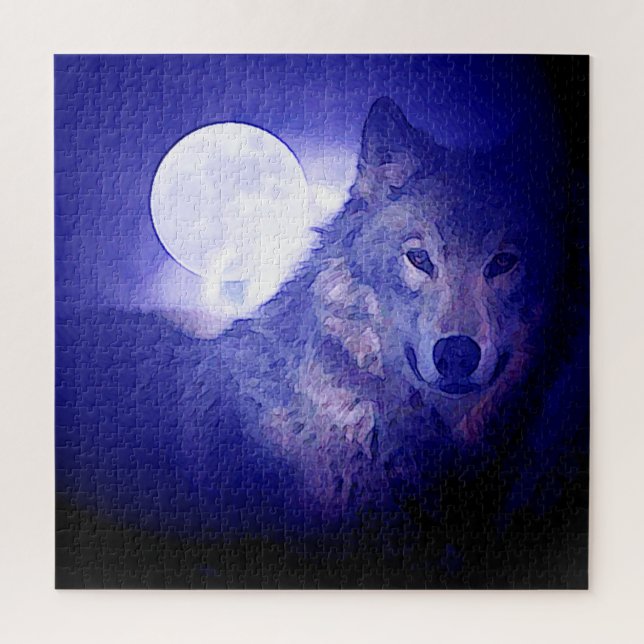 Puzzle Wolf Fullmoon & Blue Night - Wild Animaux Art (Vertical)