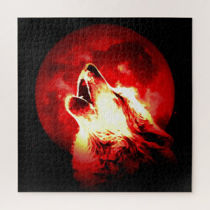 Puzzle Wolf, Moon & Red Sky Illustration