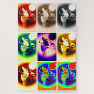 Puzzle Wolf Pop Art Liberté Bleu nuit pleine lune