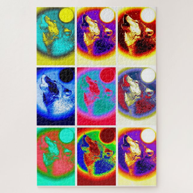 Puzzle Wolf Pop Art Liberté Bleu nuit pleine lune (Vertical)