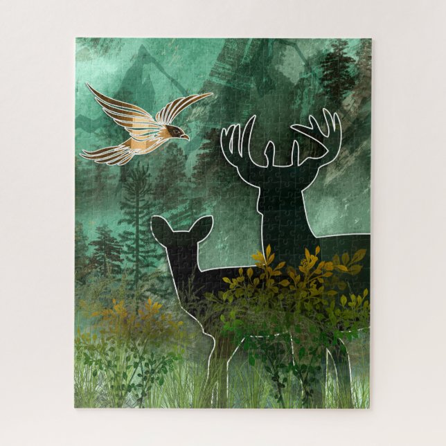 Puzzle Woodland Union Pair of Deer and Hawk (Vertical)