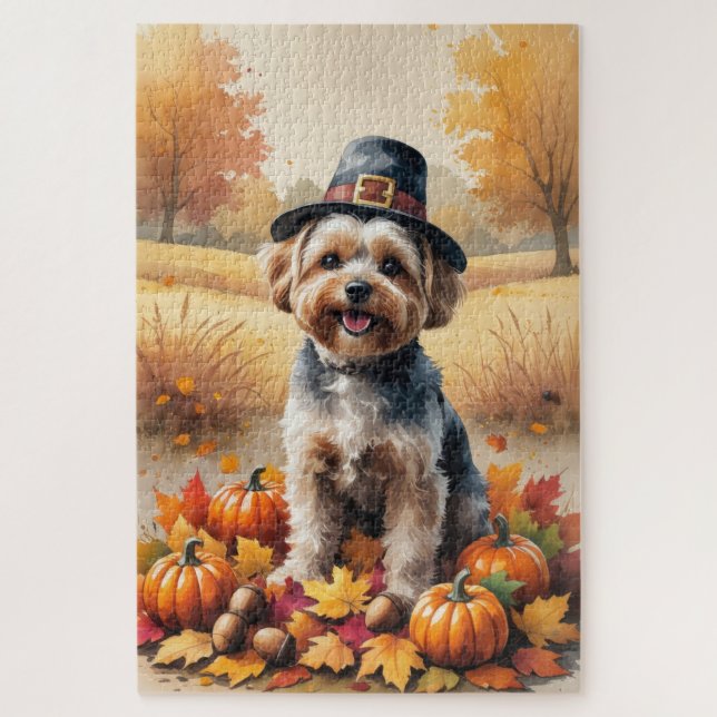 Puzzle Yorkipoo À L'Automne Laisse L'Art Thanksgiving (Vertical)