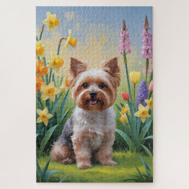 Puzzle Yorkipoo Chien Fleurs de printemps Peinture (Vertical)