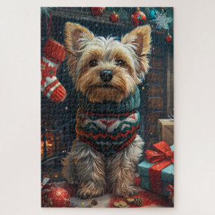 Puzzle Yorkshire Terrier avec des cadeaux de Noël Cheminé
