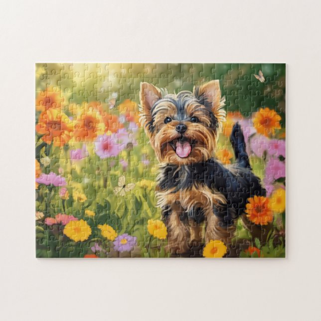 Puzzle Yorkshire Terrier Pup dans le champ de fleurs (Horizontal)