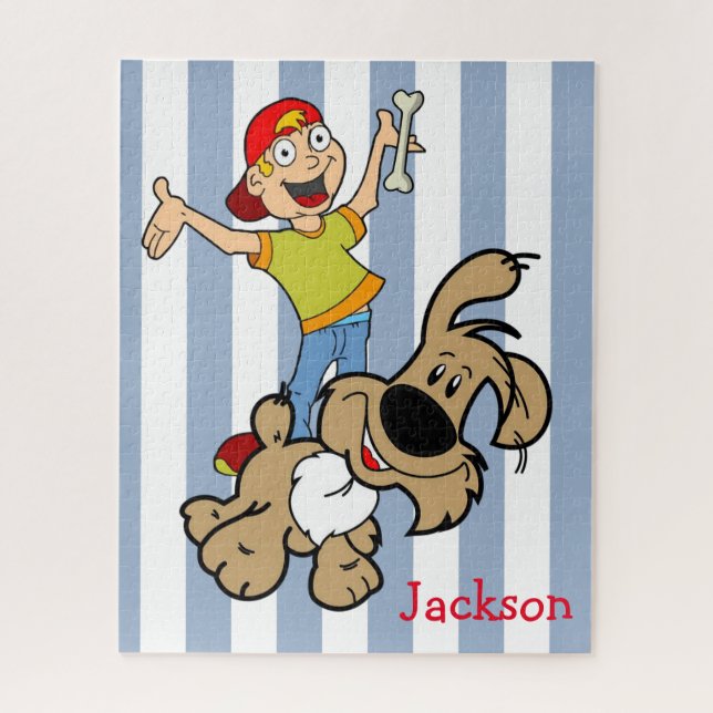 Puzzles Bleu & Blanc Stripe Chien Bone Boy (Vertical)