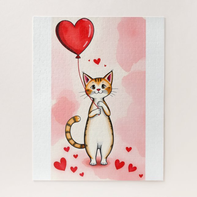 Puzzles Cat Red Hearts Happy Valentine's Day  (Vertikal)