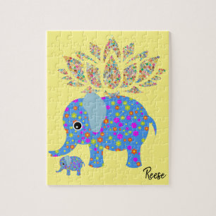 Puzzles Floral Coloré bleu éléphant jaune