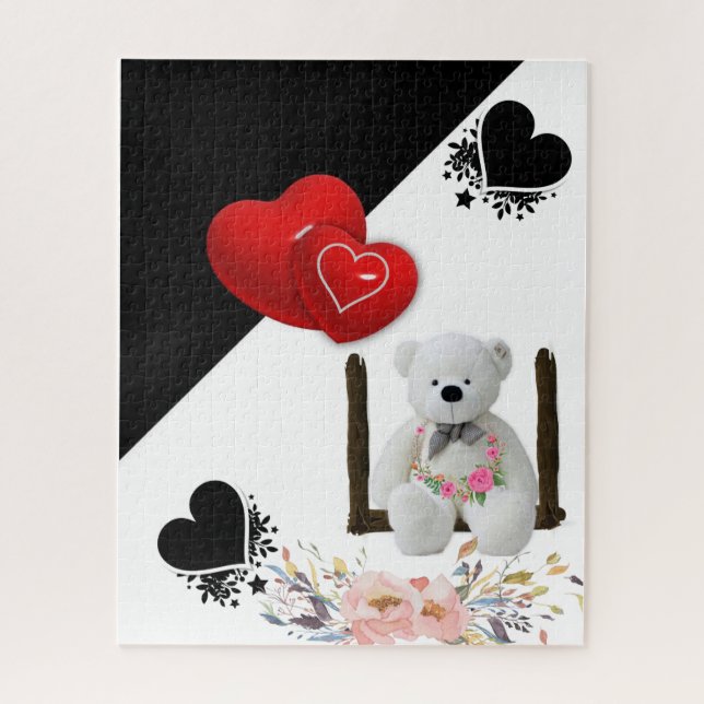 Puzzles Floral White Teddy Bären Red Hearts (Vertikal)