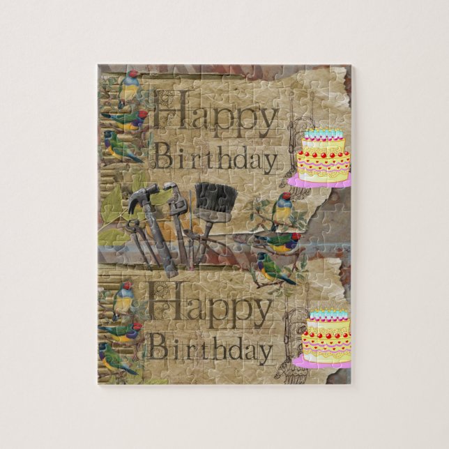 Puzzles Joyeux Anniversaire Outils Gâteau Oiseaux  (Vertical)