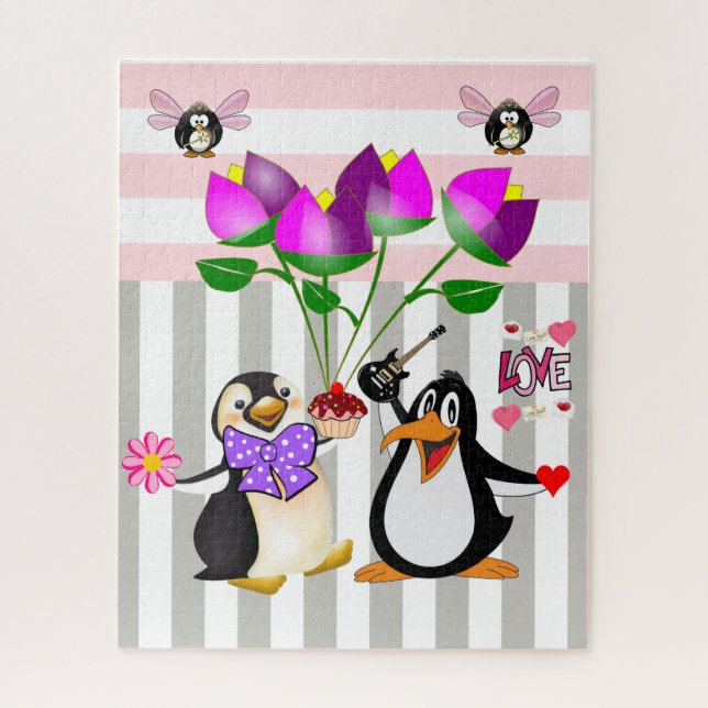 Puzzles Penguin Love Floral Grey & White Stripe (Vertical)