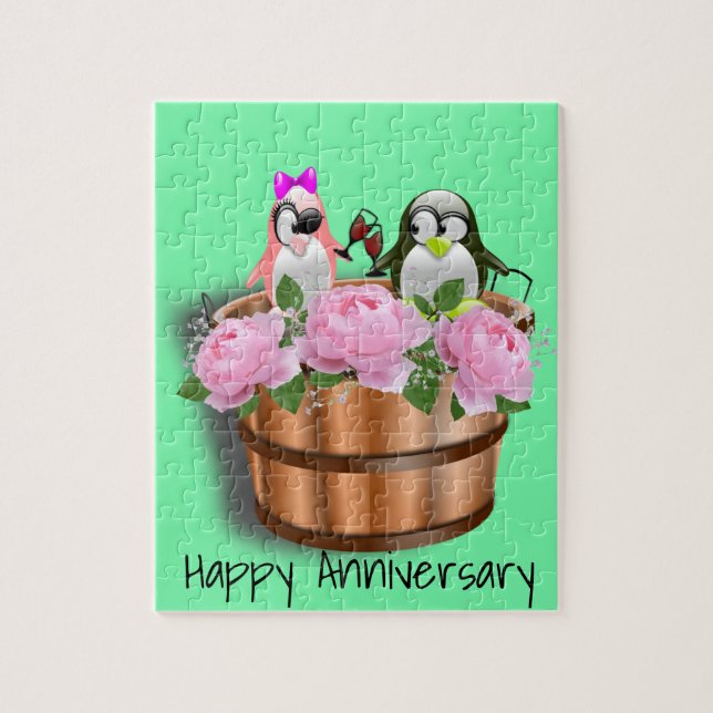 Puzzles Pinguin Floral Happy Jubiläum Herzen (Vertikal)