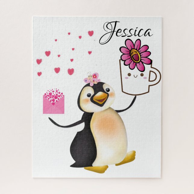 Puzzles Pink Floral Pinguin Herzen Happy Valentine (Vertikal)