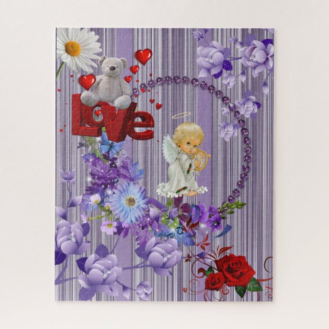 Puzzles Purple Floral Rouge Rose Angel Ours Teddy (Vertical)