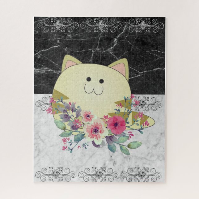 Puzzles Rosa Blütenkatze Schwarz-Weiß-Marmor (Vertikal)