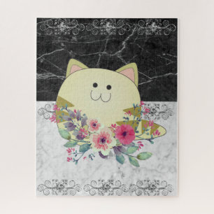 Puzzles rose floral chat noir & Marbre blanc