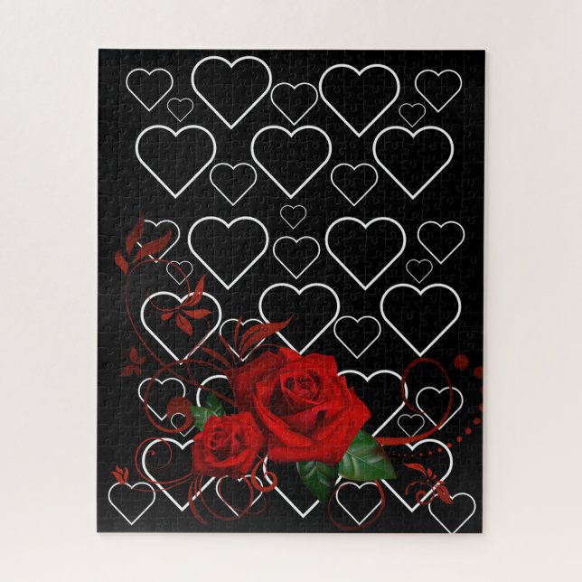 Puzzles Rose rouge Floral Coeurs noir et blanc (Vertical)