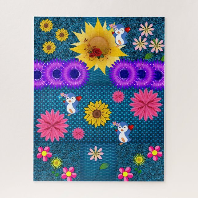 Puzzles Rote Rose Floral Pinguin Blau (Vertikal)