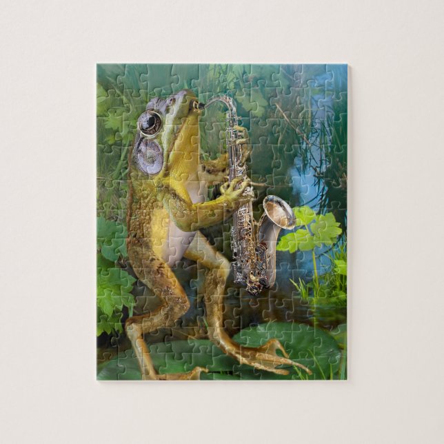 Puzzlespiel, Frosch, der einen Saxophone. spielt (Vertikal)